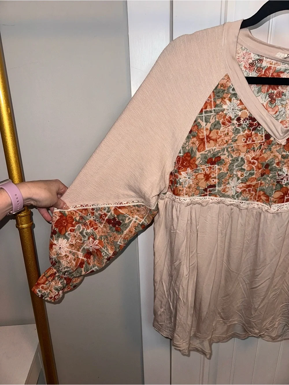 POL Size Small Oversized Boho Floral Patchwork V-Neck Tunic Top - Beige